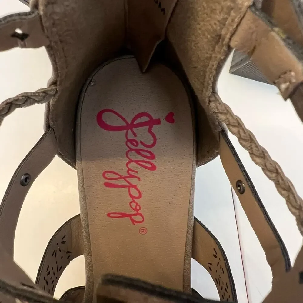 NWOT Jellypop Theresa Gray Taupe Heeled Sandals Cutout Zip Back - 9.5 M